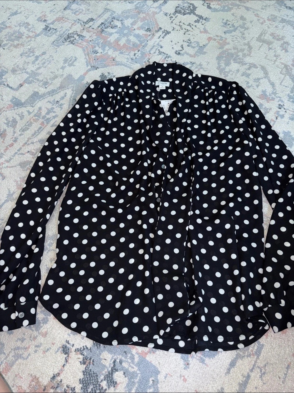 J.Crew Long-Sleeve Dot Drapey Tie-Neck Top Black & White Small